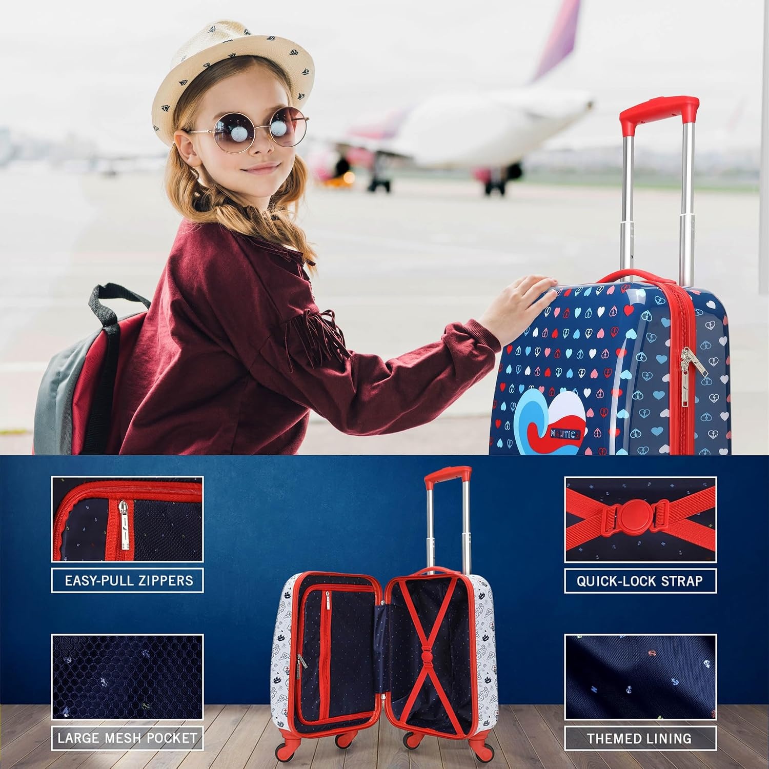 image:imageNAUTICA Kids Luggage 18 Airline Approved Rolling Hardside Upright Carryon Suitcase with Wheels Pirate AhoyNautica Peace 5pc School Set