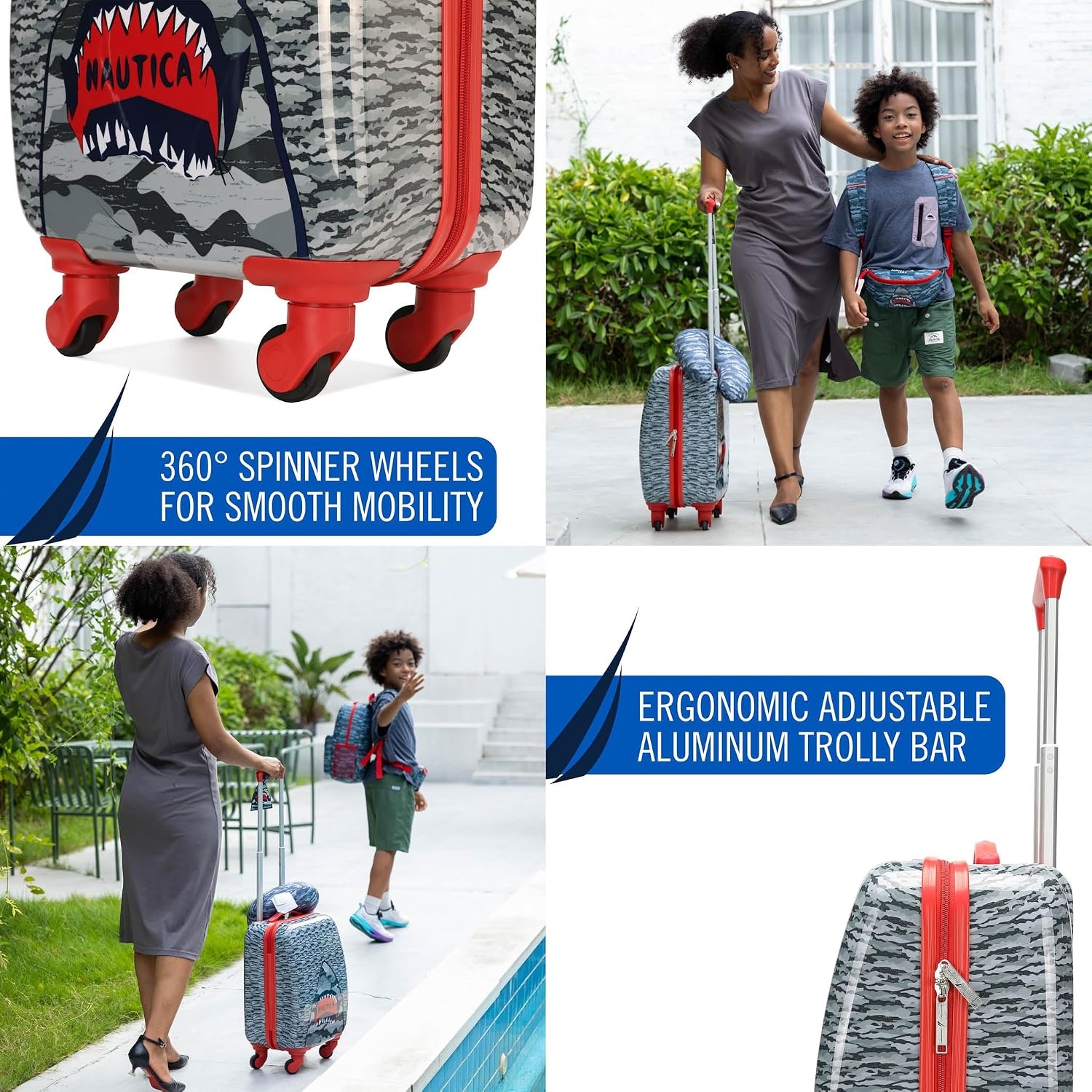 image:imageNAUTICA Kids Luggage 18 Airline Approved Rolling Hardside Upright Carryon Suitcase with Wheels Pirate AhoyShark Attack 5pc Travel Set