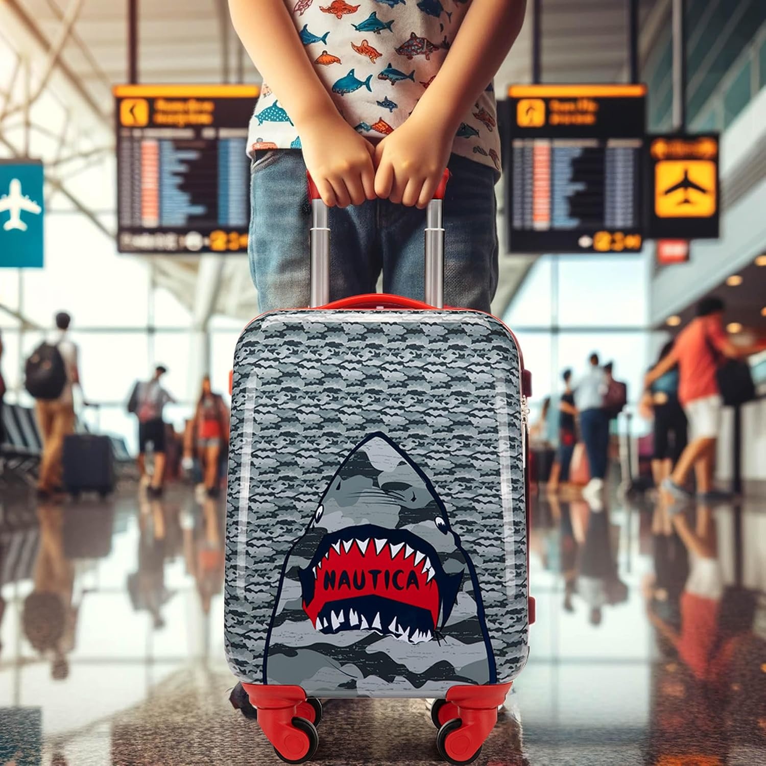 image:imageNAUTICA Kids Luggage 18 Airline Approved Rolling Hardside Upright Carryon Suitcase with Wheels Pirate AhoyShark Attack
