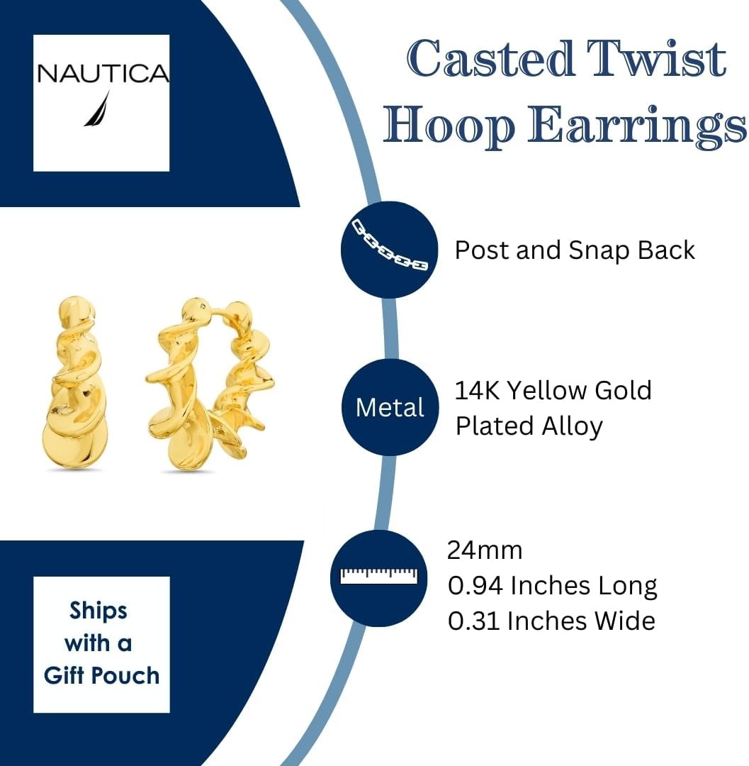 image:imageNautica 24 mm Twisted Hoop Earrings for Women 14K Yellow Gold Plated Alloy
