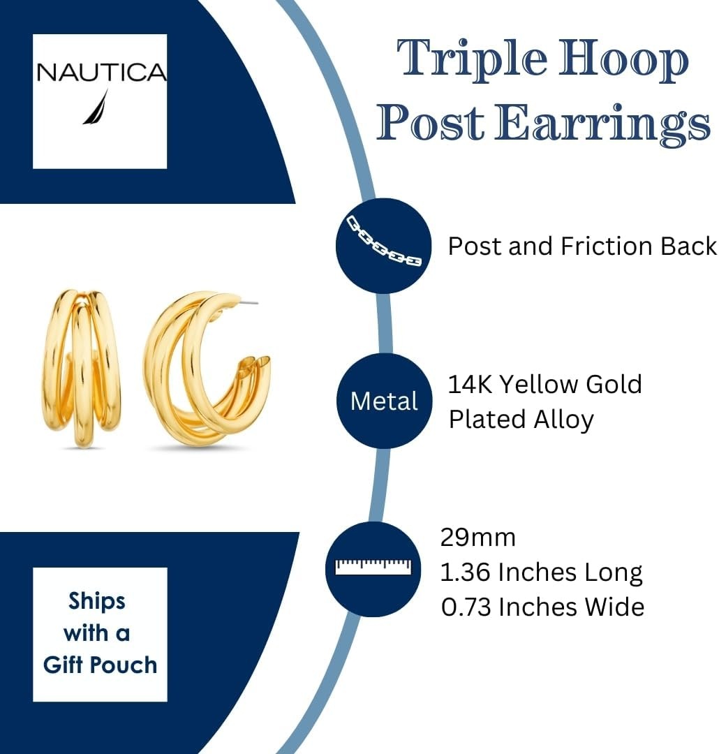 image:imageNautica 29 mm Triple Hoop Earrings for Women 14K Yellow Gold Plated Alloy