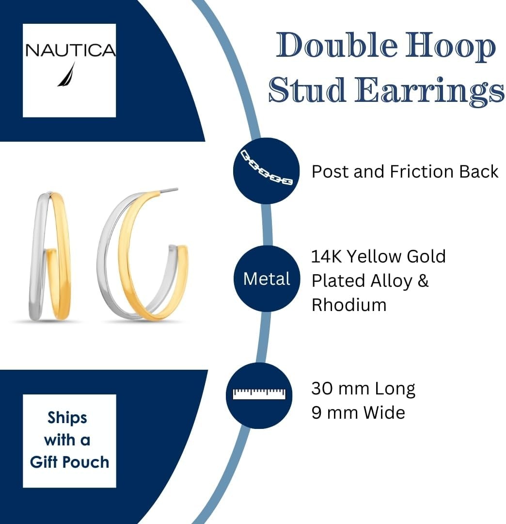 image:imageNautica 30 mm Split Hoop Earrings for Women Rhodium amp 14K Yellow Gold Plated Alloy