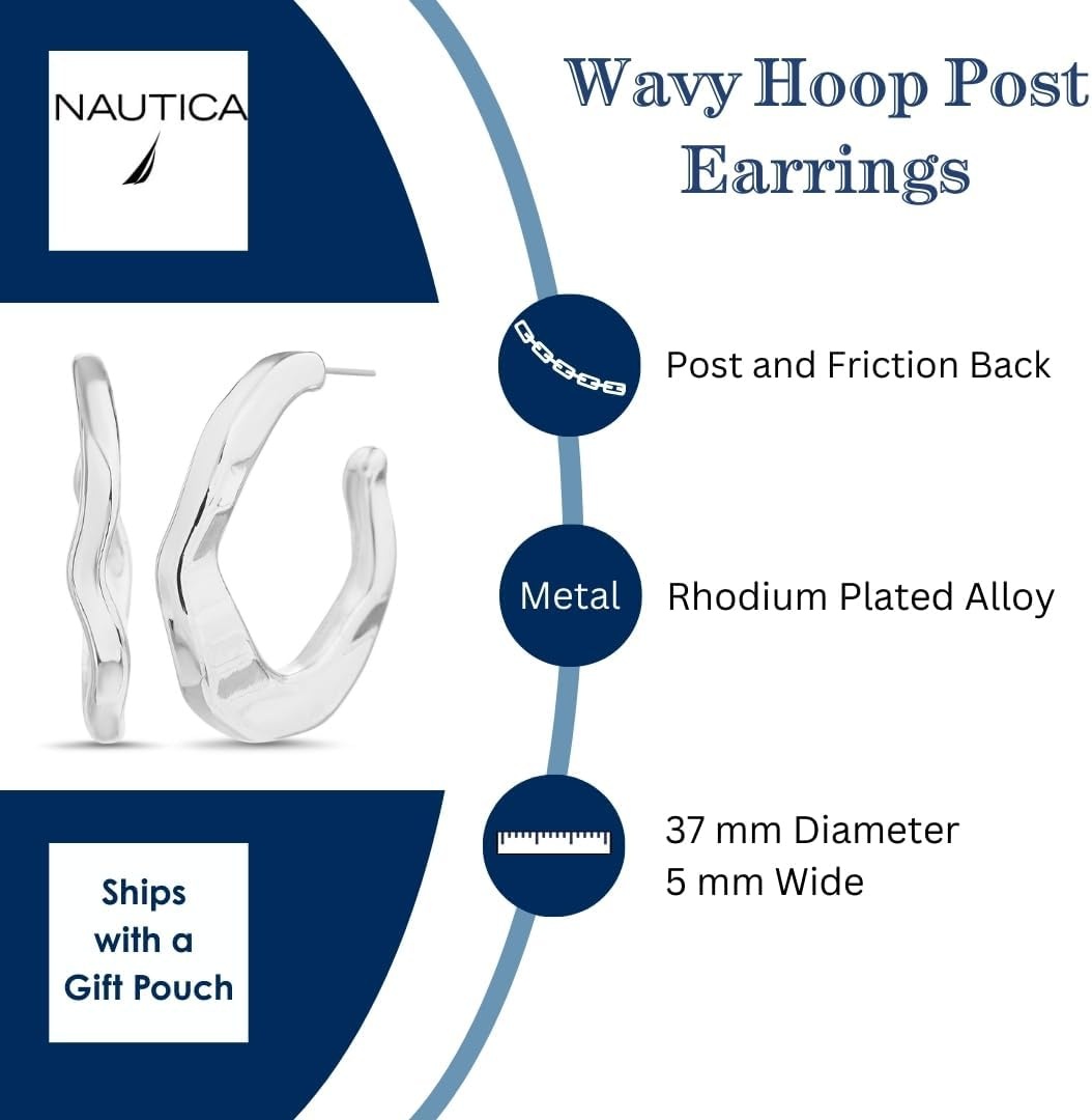 image:imageNautica 37 mm Wavy Hoop Earrings for Women Rhodium Plated Alloy