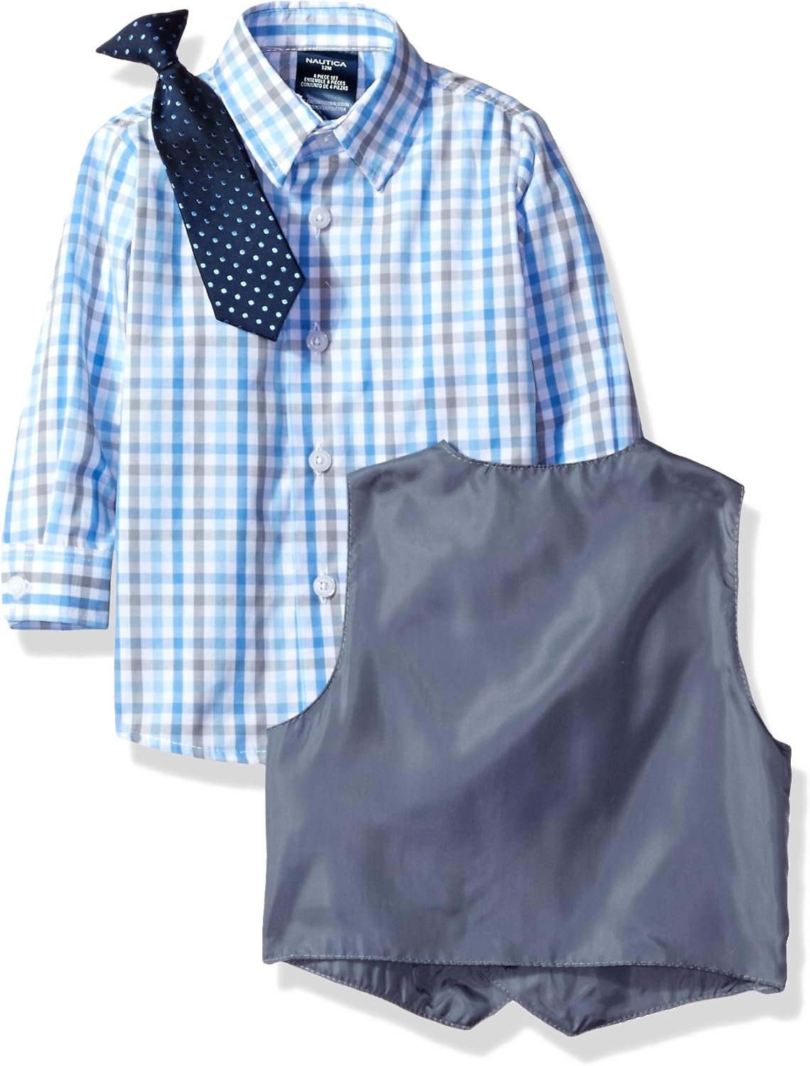 image:imageNautica Baby Boys 4piece Suit Set with Dress Shirt Vest Pants and TieLight GreyBlue Check