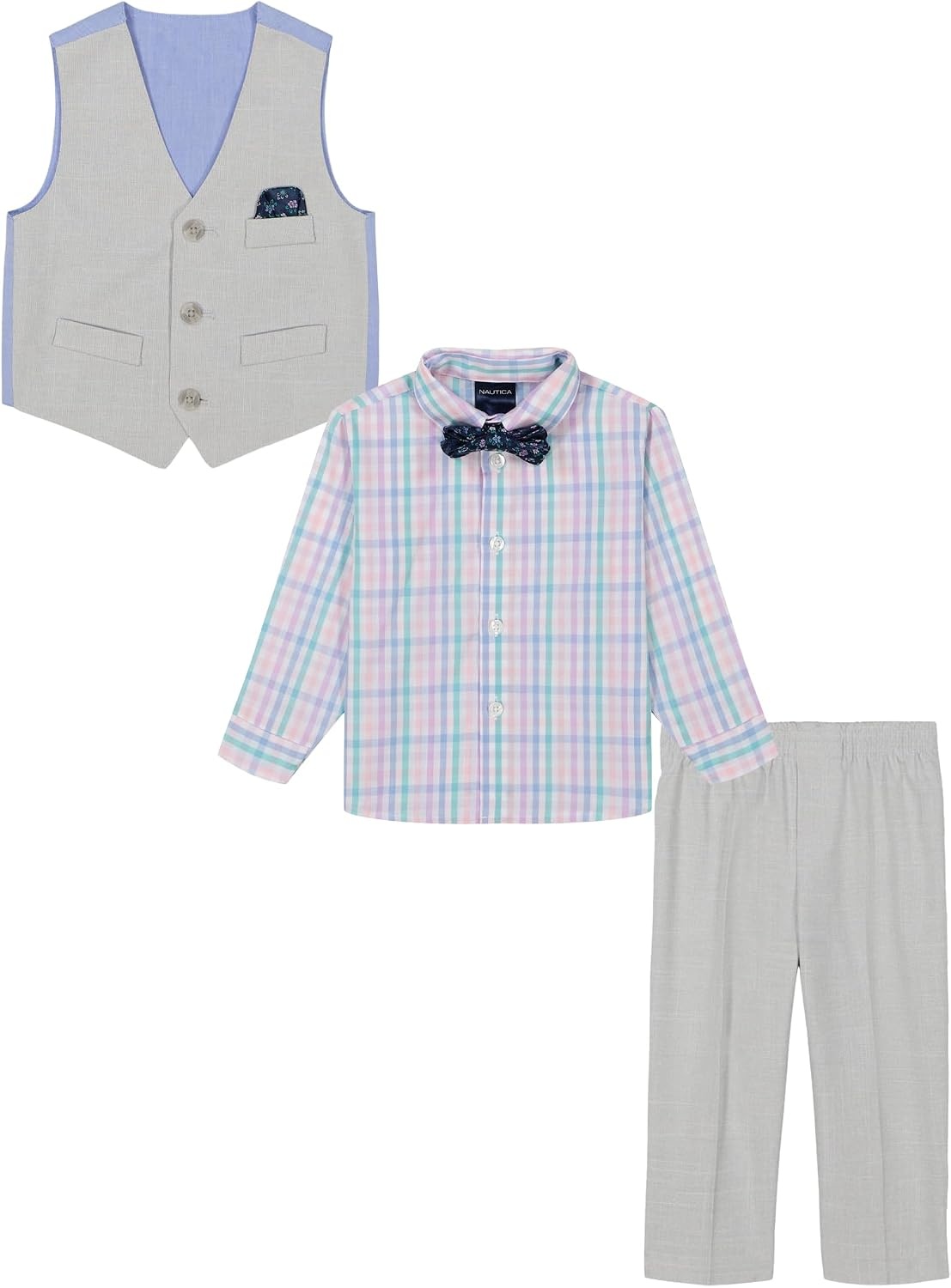 image:imageNautica Baby Boys 4piece Suit Set with Dress Shirt Vest Pants and TieLight GreyPlaid