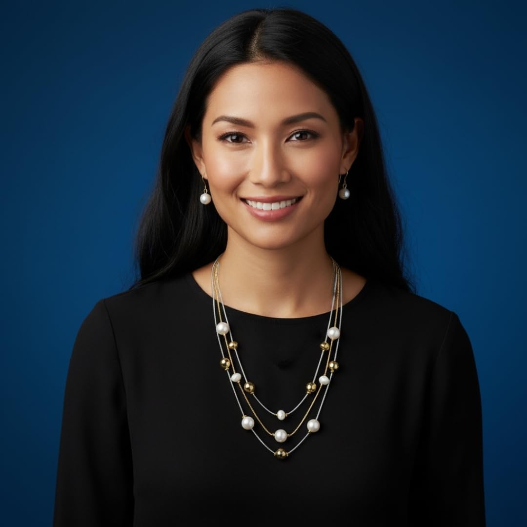 image:imageNautica Beaded Station Necklace Simulated Pearl Earring Set for Women Rhodium amp 14K Yellow Gold Plated Alloy 2126 Inches