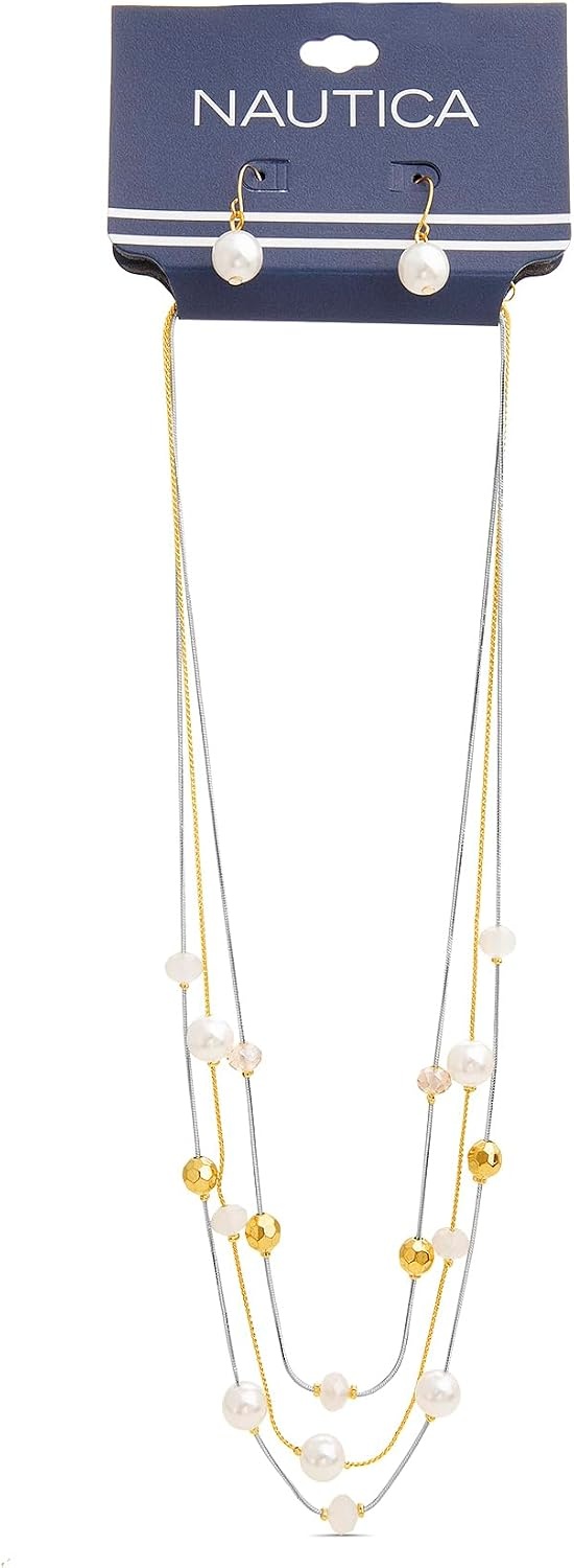 image:imageNautica Beaded Station Necklace Simulated Pearl Earring Set for Women Rhodium amp 14K Yellow Gold Plated Alloy 2126 Inches