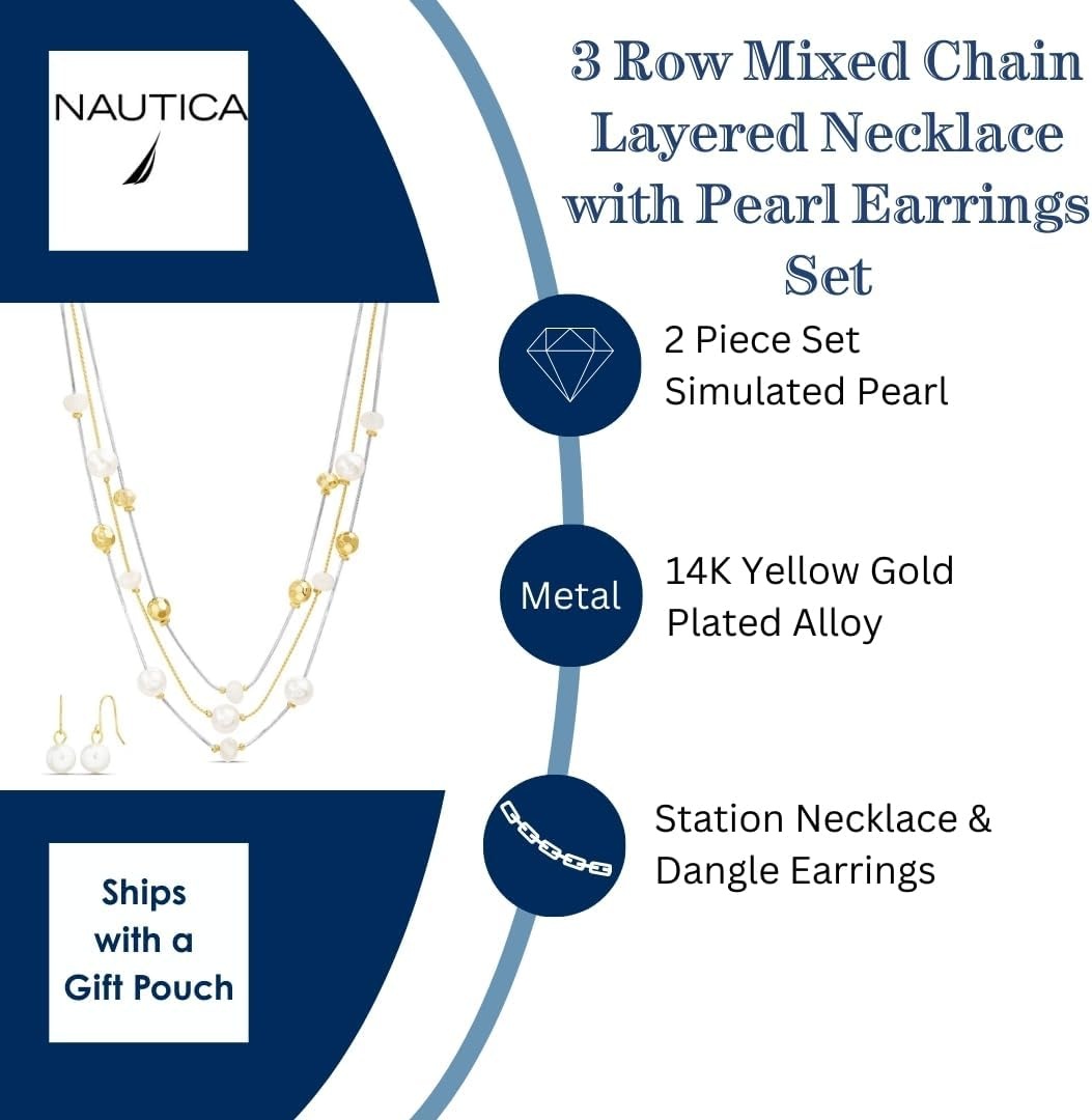 image:imageNautica Beaded Station Necklace Simulated Pearl Earring Set for Women Rhodium amp 14K Yellow Gold Plated Alloy 2126 Inches