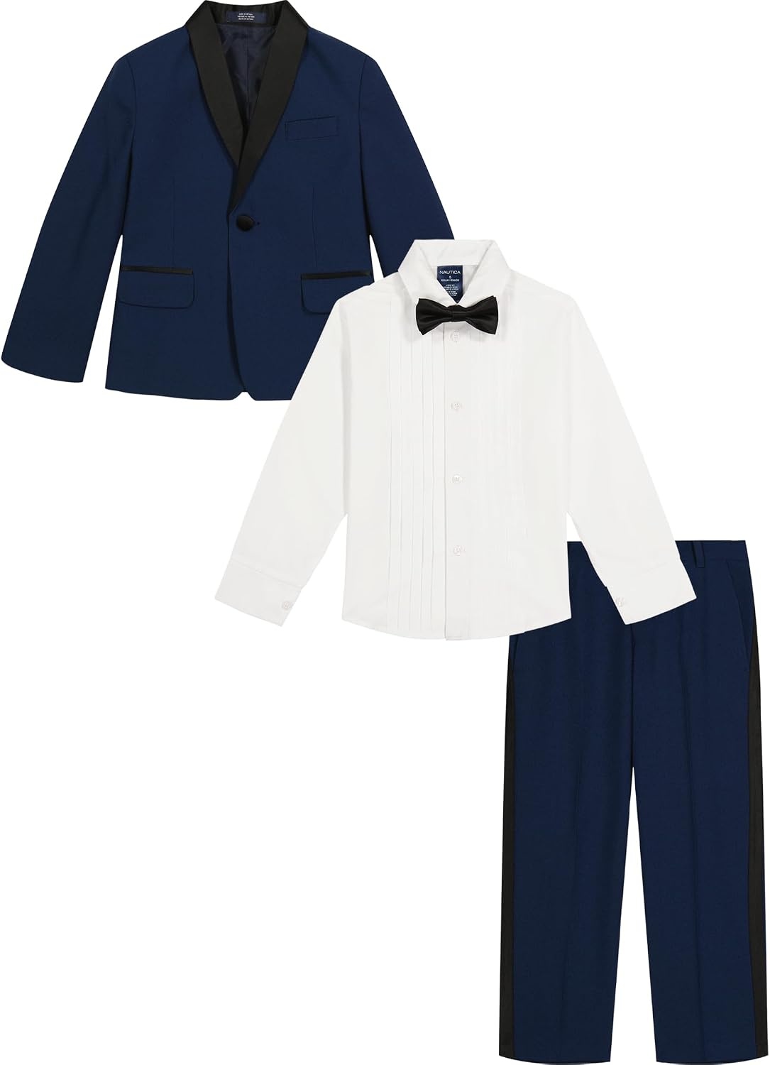 image:imageNautica Boys 4Piece Tuxedo Suit Set with Jacket Pants Dress Shirt amp Bow Tie for Weddings amp Special OccasionsBlue Tuxedo