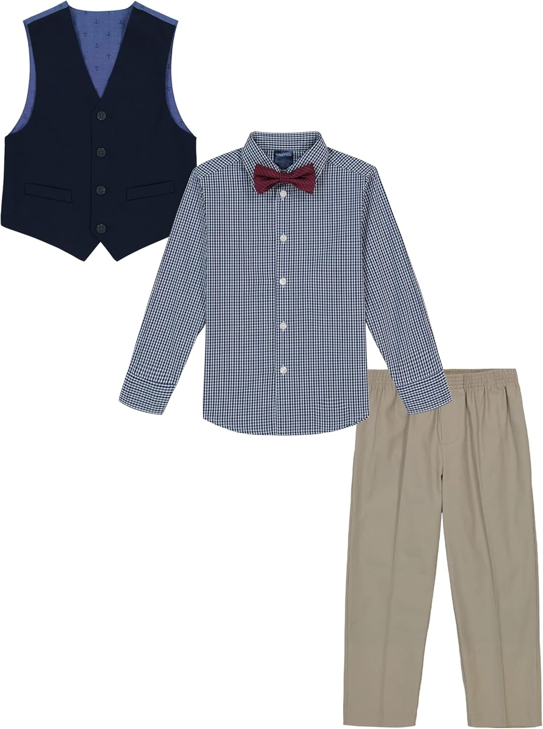 image:imageNautica Boys 4piece Formal Suit Set with Vest Pants Collared Dress Shirt and TieKhaki