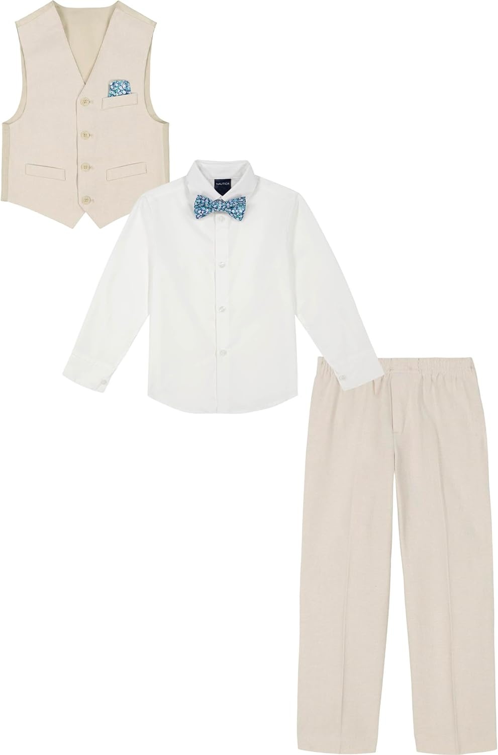 image:imageNautica Boys 4piece Formal Suit Set with Vest Pants Collared Dress Shirt and TieLight KhakiFloral