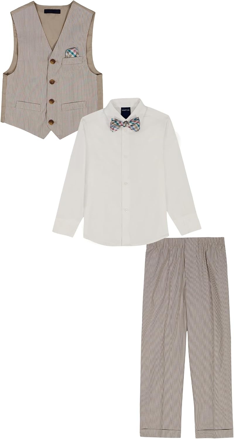 image:imageNautica Boys 4piece Formal Suit Set with Vest Pants Collared Dress Shirt and TieWheat Stripe