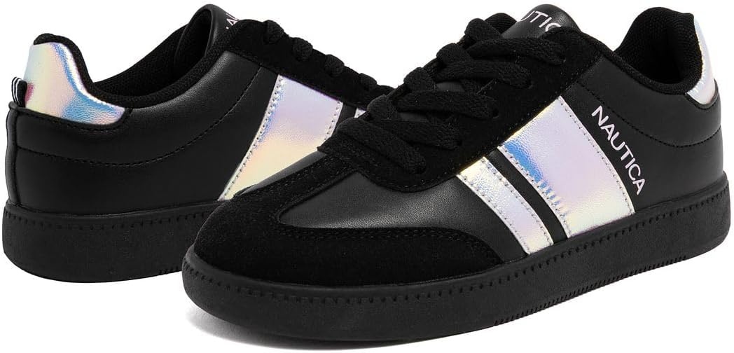 image:imageNautica Boys Girls Casual Fashion Shoes Comfortable Soccer Classic Walking Tennis Sneakers for Kids Breathable Lightweight amp Flexible Lace UpBungeeBlack Iridescent Black