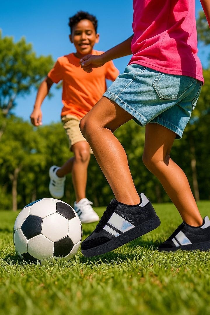 image:imageNautica Boys Girls Casual Fashion Shoes Comfortable Soccer Classic Walking Tennis Sneakers for Kids Breathable Lightweight amp Flexible Lace UpBungeeBlack Iridescent Black