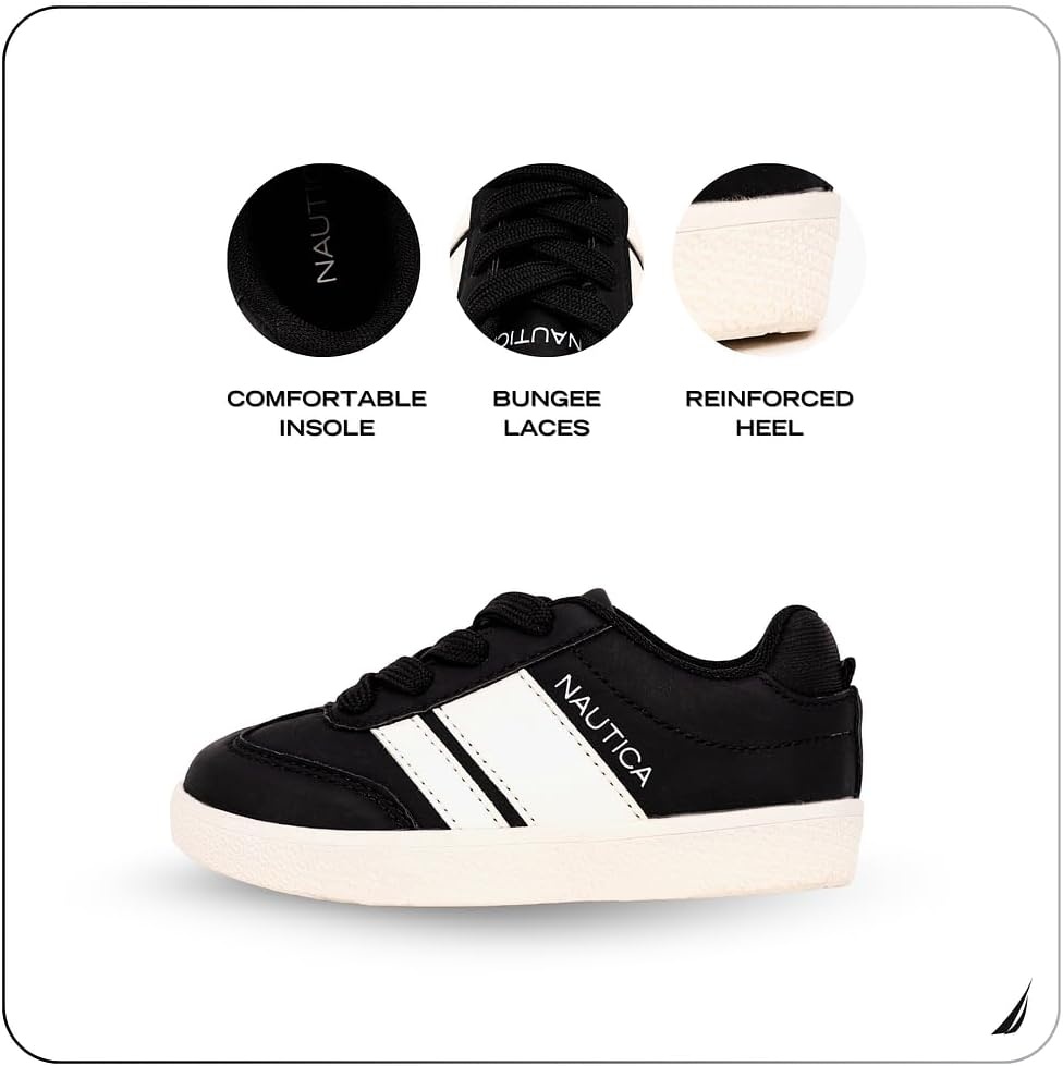 image:imageNautica Boys Girls Casual Fashion Shoes Comfortable Soccer Classic Walking Tennis Sneakers for Kids Breathable Lightweight amp Flexible Lace UpBungeeBlack White