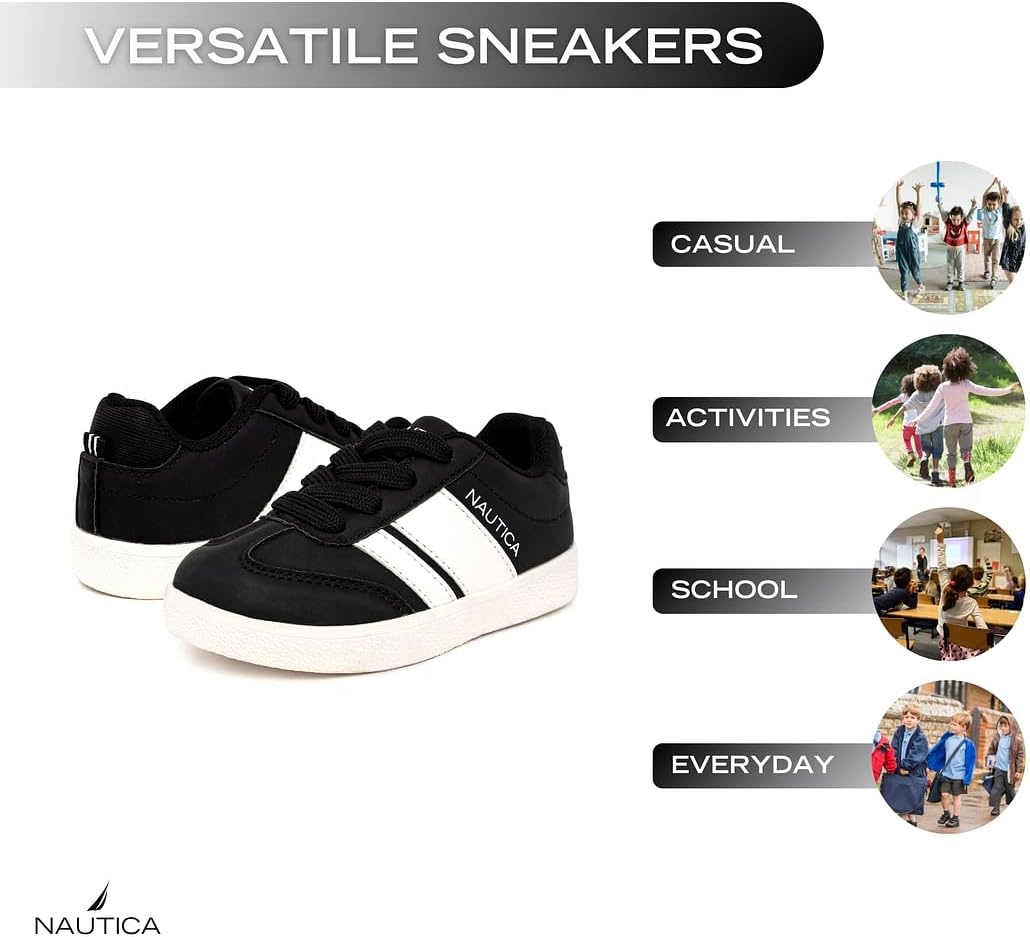 image:imageNautica Boys Girls Casual Fashion Shoes Comfortable Soccer Classic Walking Tennis Sneakers for Kids Breathable Lightweight amp Flexible Lace UpBungeeBlack White