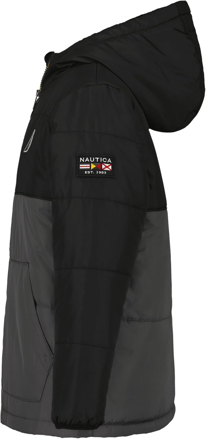 image:imageNautica Boys Heavyweight Hooded Bubble Jacket With Polar Fleece LiningColorblock True Black