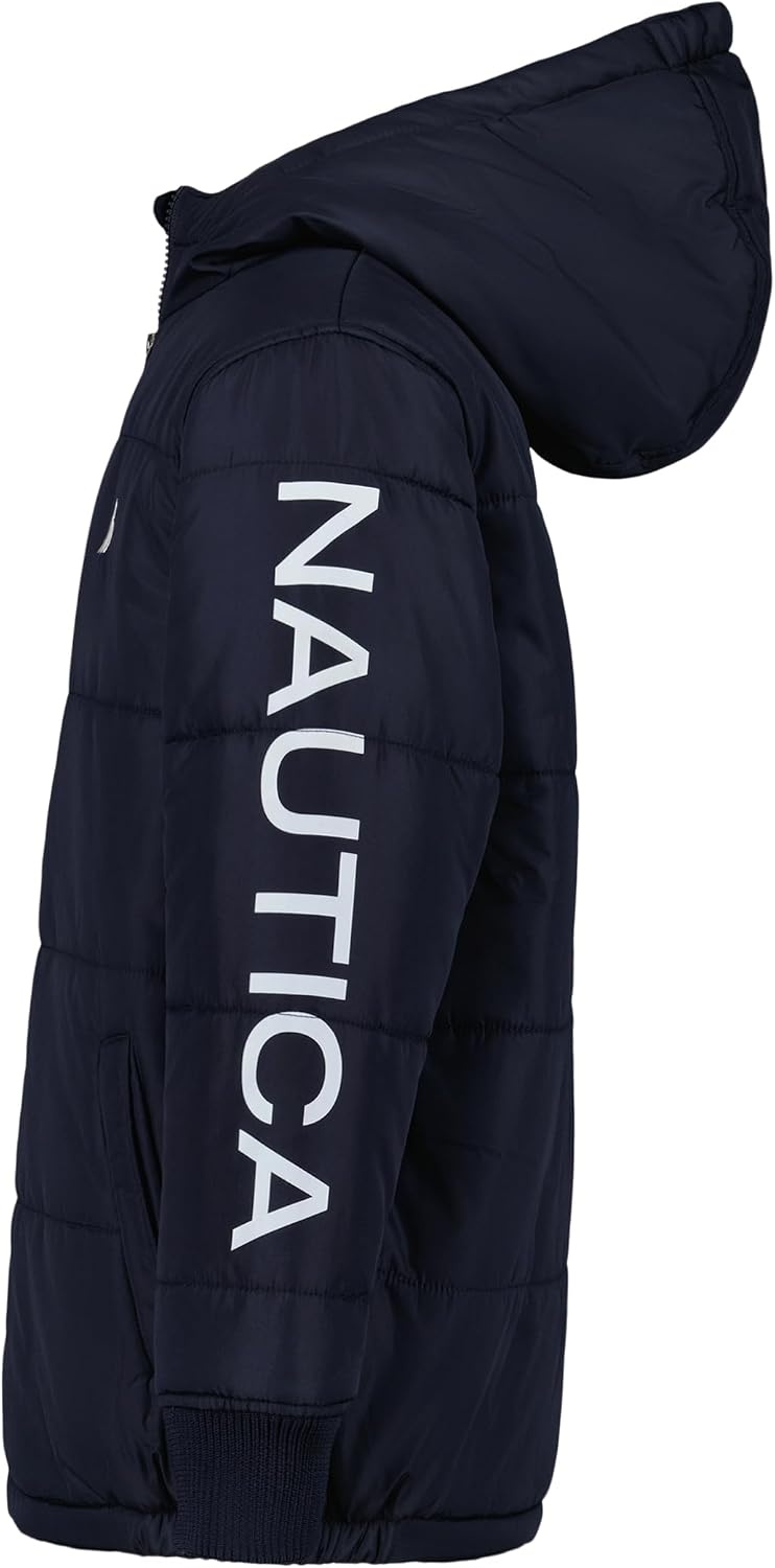 image:imageNautica Boys Heavyweight Hooded Bubble Jacket With Polar Fleece LiningSport NavyOrange