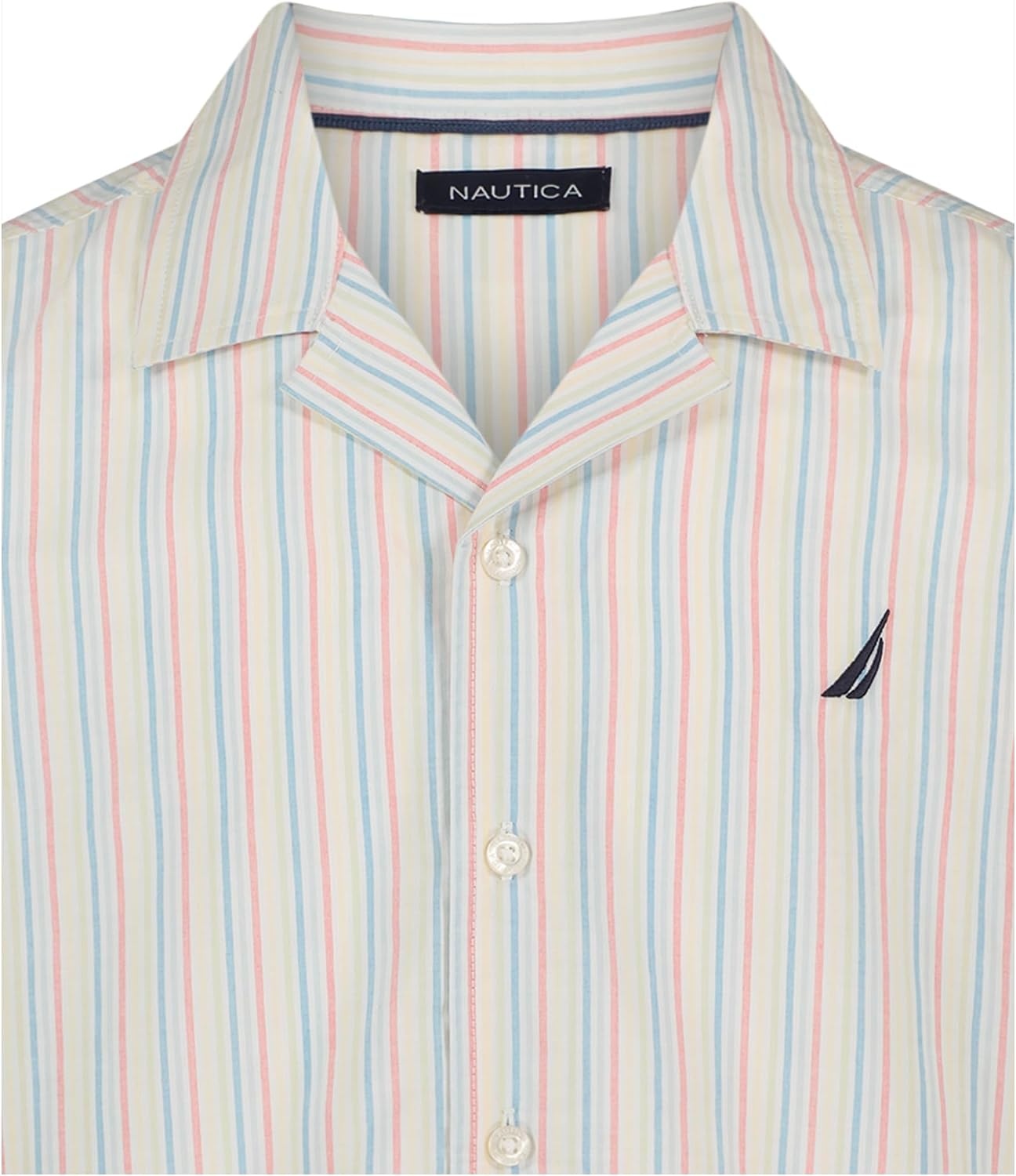 image:imageNautica Boys Short Sleeve Woven ButtonDown Shirt Light Weight amp BreathableRainbow Stripe on Bright White