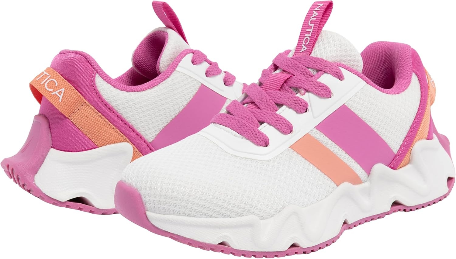 image:imageNautica Girls Kids Running Sneakers Comfortable Tennis Shoes with Chunky Sculpted Bottom Sizes for Big amp Little Kids LaceUpBungeeWhite Fushia Peach