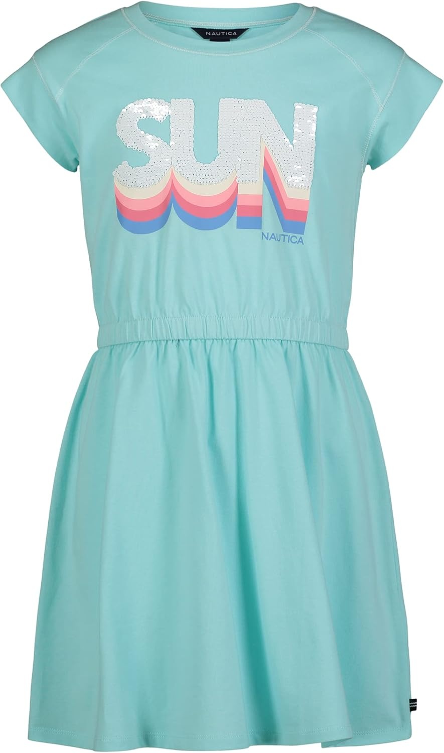 image:imageNautica Girls Short Sleeve Jersey Tee Dress with Elastic Cinched Waist Fun Designs amp ColorsBlue Tint