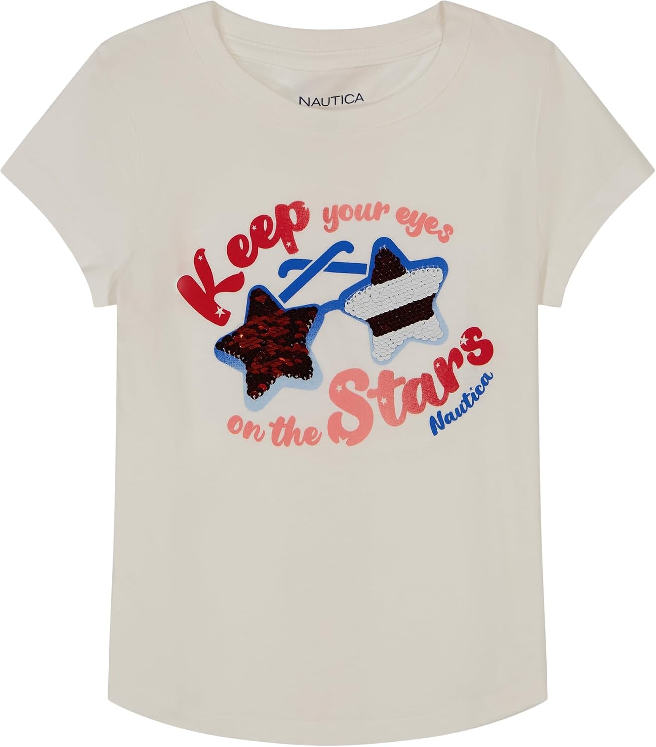 image:imageNautica Girls Short Sleeve Legacy TShirt with Flip Sequin Design Cotton Tee with Tagless InteriorBright White Stars