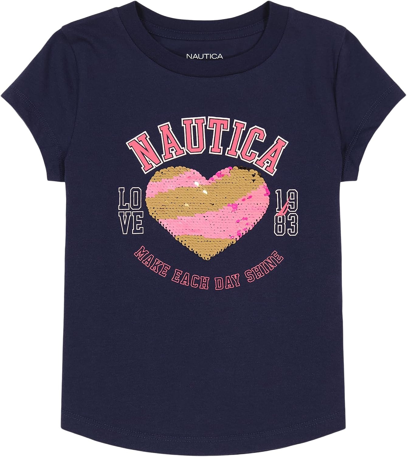 image:imageNautica Girls Short Sleeve Legacy TShirt with Flip Sequin Design Cotton Tee with Tagless InteriorPeacoat Heart Shine