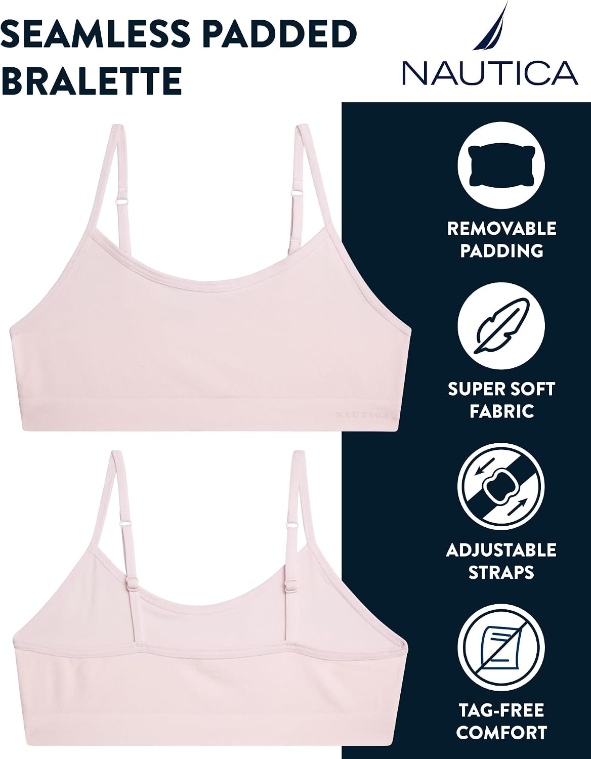 image:imageNautica Girls Training Bra 2 Pack4 Pack Seamless Padded Bralette Underwear for Girls with Removable Pads Sizes SXLPinkWhiteHeather GreyBlue4pk