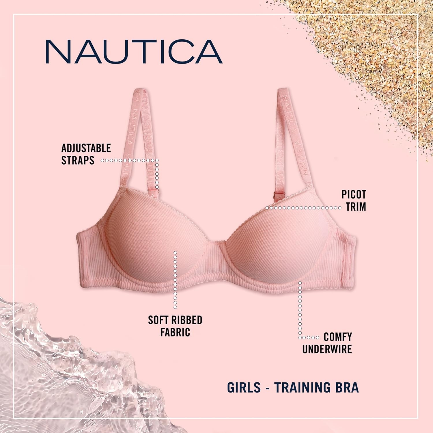 image:imageNautica Girls Training Bras 23 Pack ACup Ribbed Molded Starter Bras for Teens with Adjustable Straps Sizes 30A36ALt Bleach HthrChiffon RoseLt Heather Grey