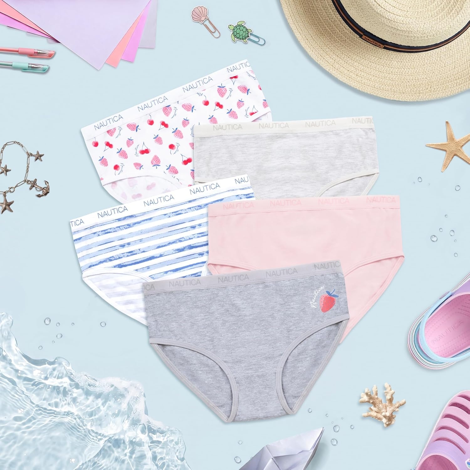 image:imageNautica Girls Underwear Briefs 5 Pack Comfort Stretch MidWaist Breathable Cotton Underwear Panties for Girls 412Light Heather GreyPinkStripePrint