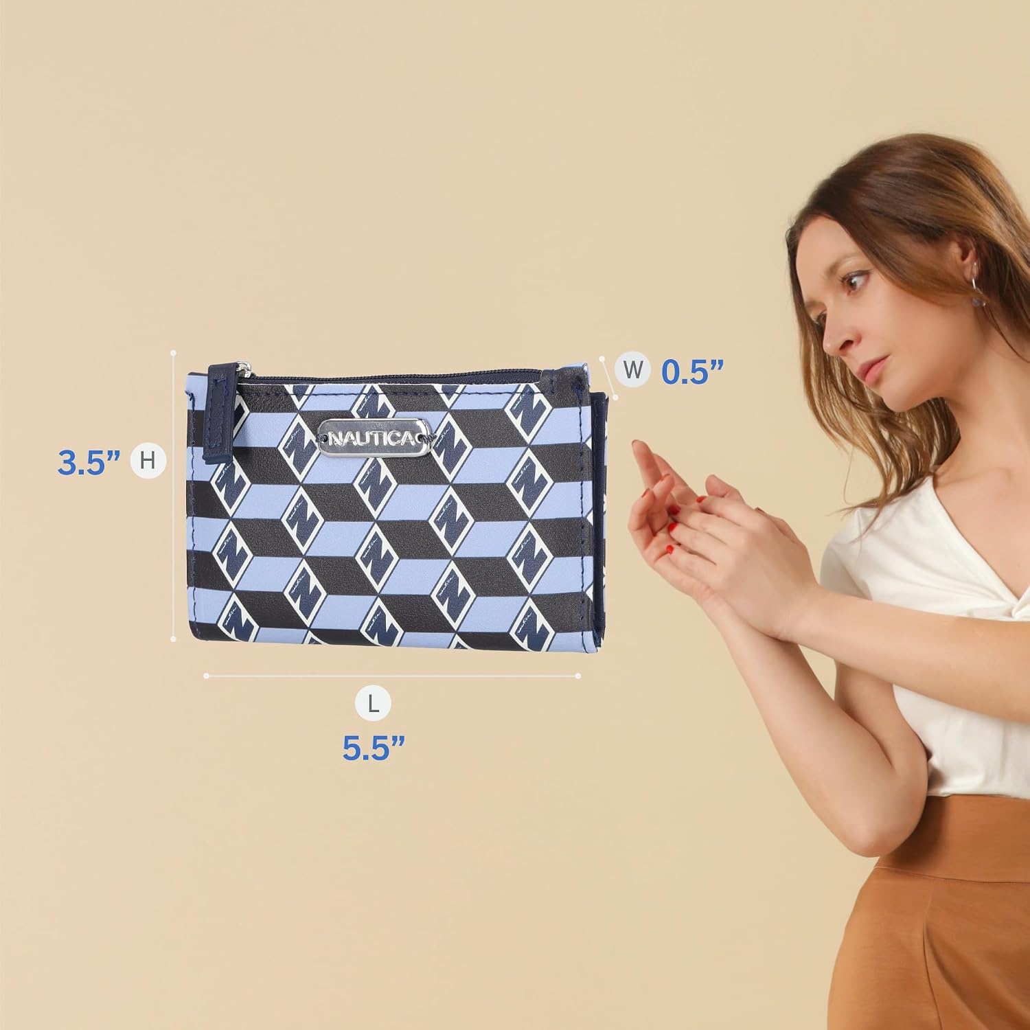 image:imageNautica High Tide Small Wallet for Women RFID Blocking Slim Credit Card Holder with Zipper Coin Pocket Bifold Compact Wallet with ID Window Red PrintedGlacial Blue
