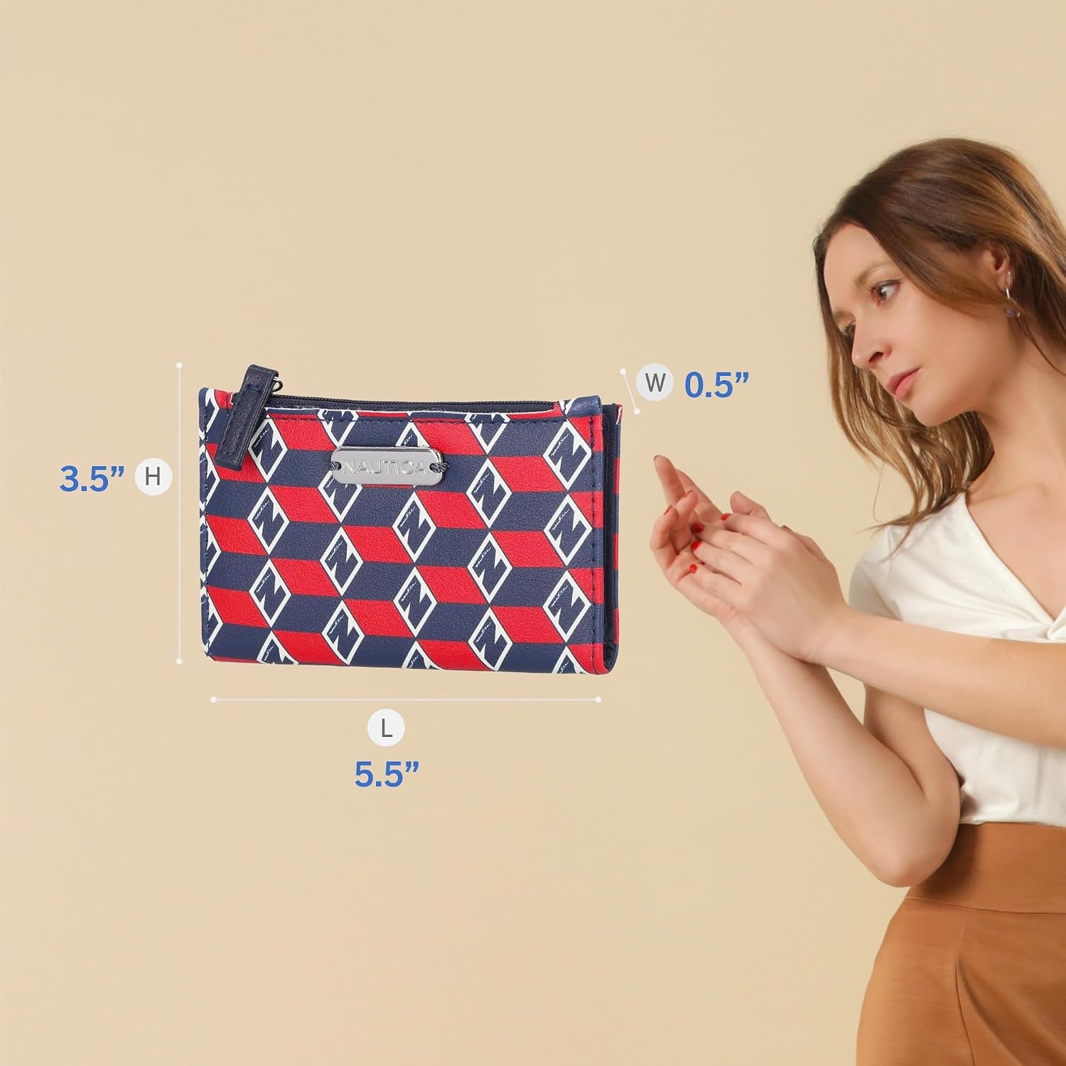 image:imageNautica High Tide Small Wallet for Women RFID Blocking Slim Credit Card Holder with Zipper Coin Pocket Bifold Compact Wallet with ID Window Red PrintedAmericana