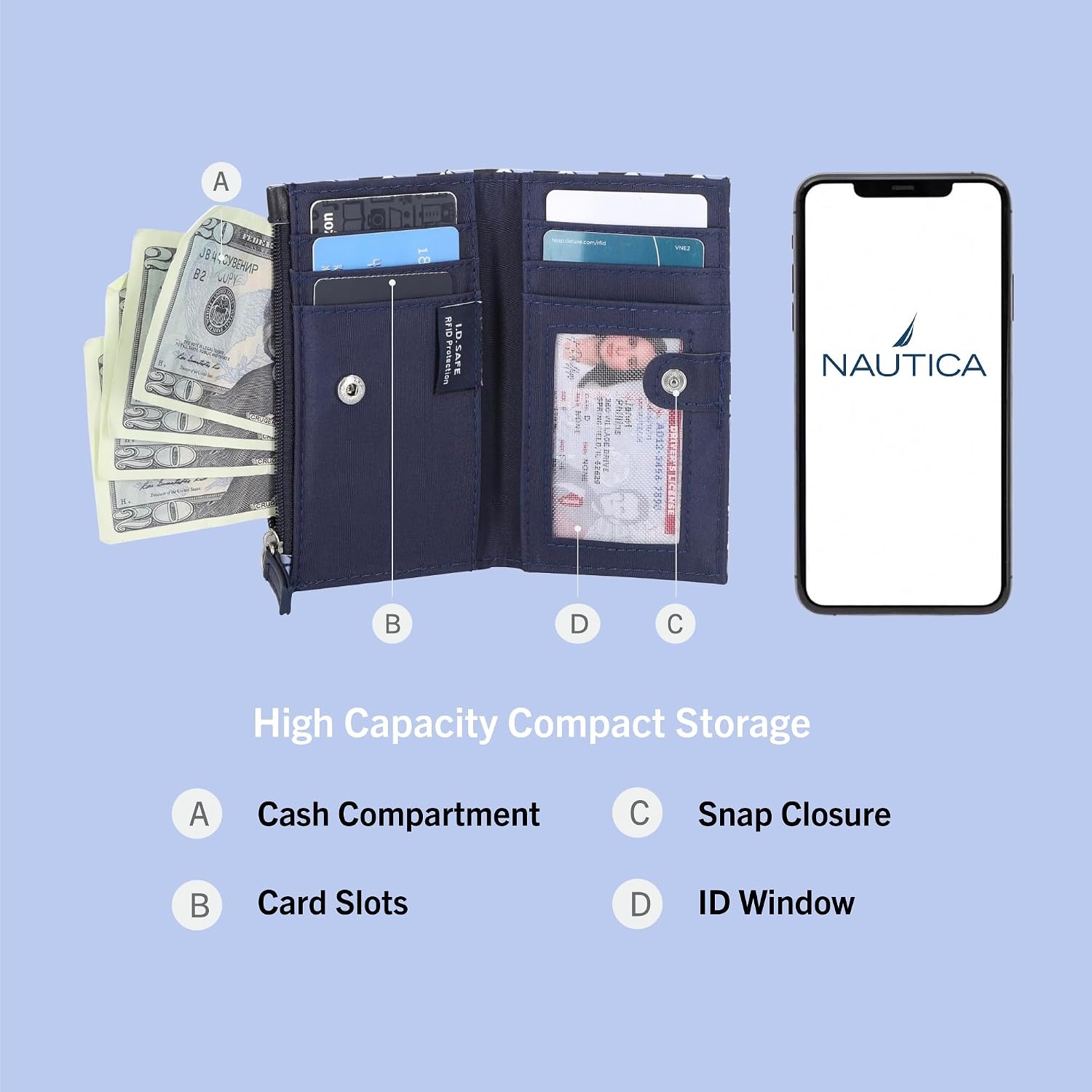 image:imageNautica High Tide Small Wallet for Women RFID Blocking Slim Credit Card Holder with Zipper Coin Pocket Bifold Compact Wallet with ID Window Red PrintedGlacial Blue