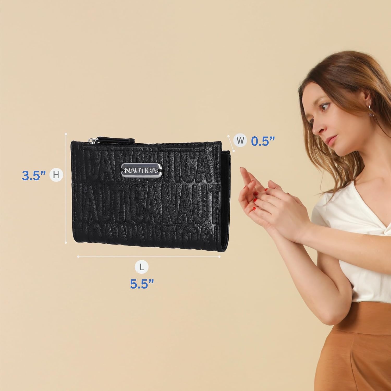 image:imageNautica High Tide Small Wallet for Women RFID Blocking Slim Credit Card Holder with Zipper Coin Pocket Bifold Compact Wallet with ID Window Red PrintedBlack Printed