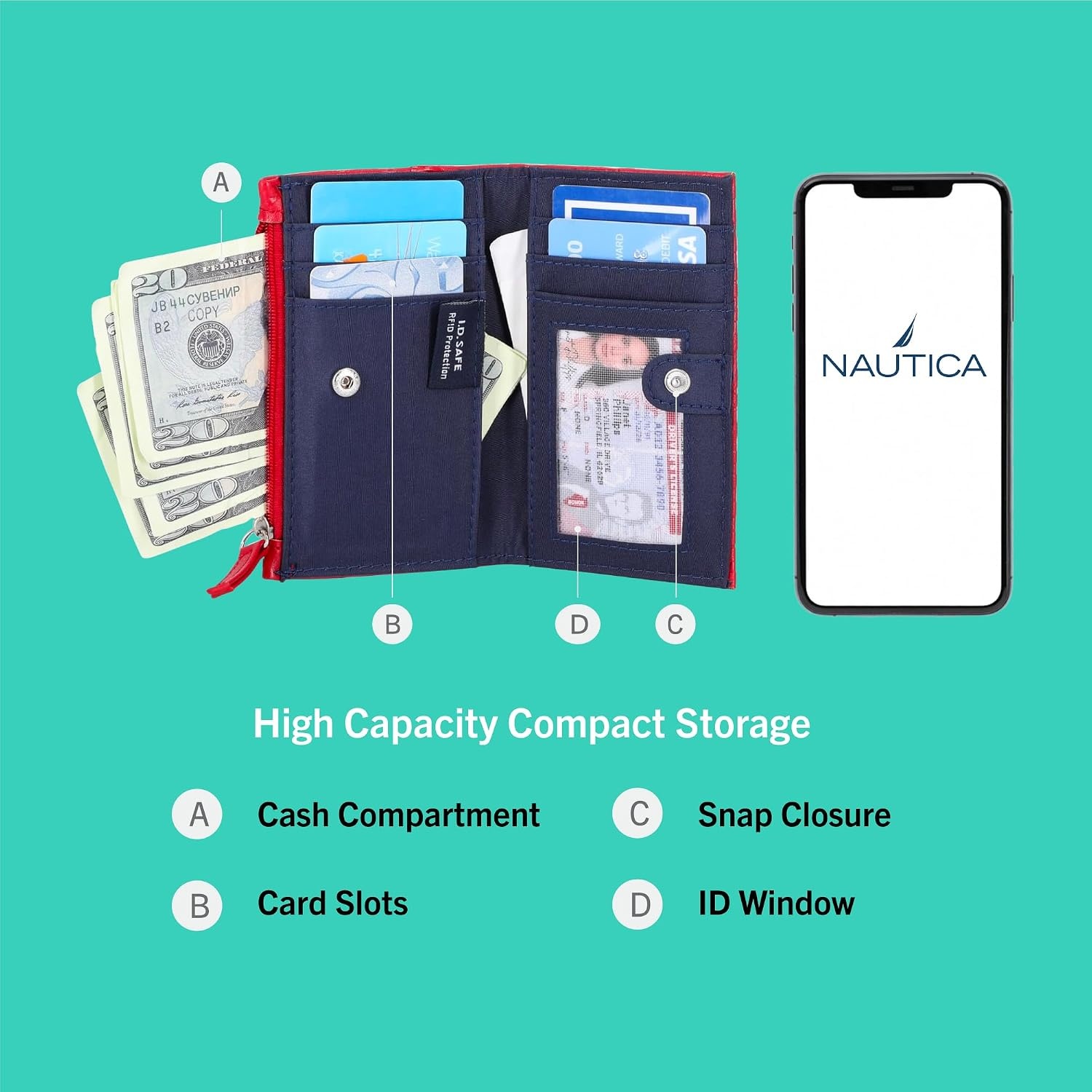 image:imageNautica High Tide Small Wallet for Women RFID Blocking Slim Credit Card Holder with Zipper Coin Pocket Bifold Compact Wallet with ID Window Red PrintedRed Printed