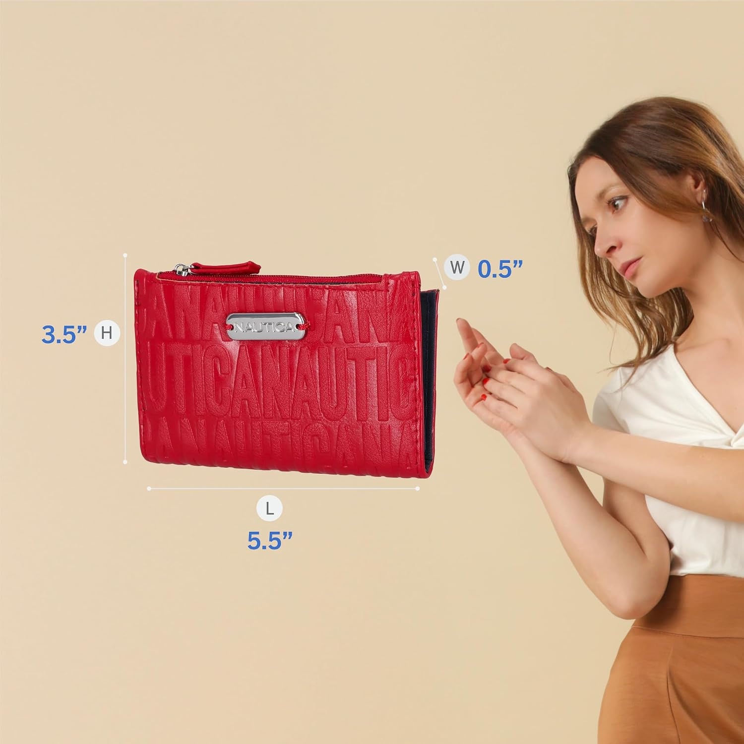 image:imageNautica High Tide Small Wallet for Women RFID Blocking Slim Credit Card Holder with Zipper Coin Pocket Bifold Compact Wallet with ID Window Red PrintedRed Printed