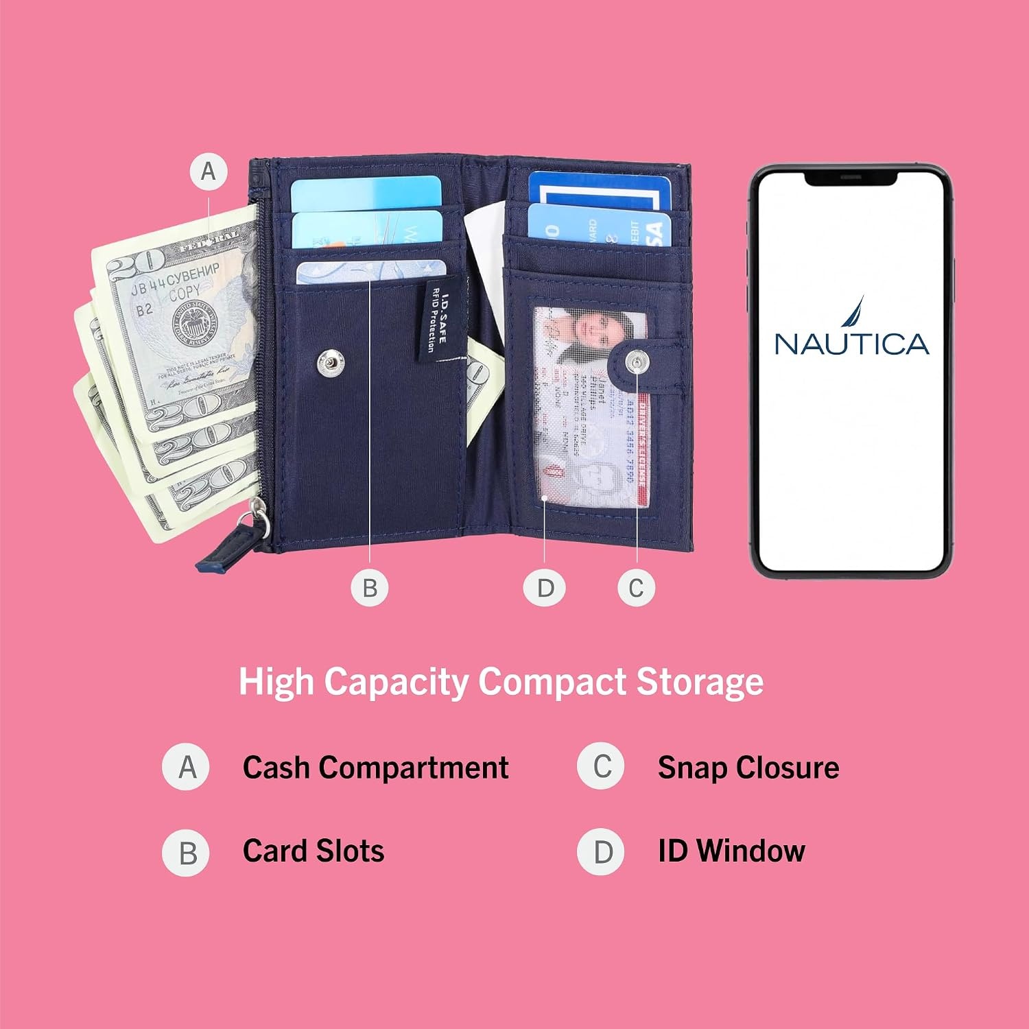 image:imageNautica High Tide Small Wallet for Women RFID Blocking Slim Credit Card Holder with Zipper Coin Pocket Bifold Compact Wallet with ID Window Red PrintedBlack