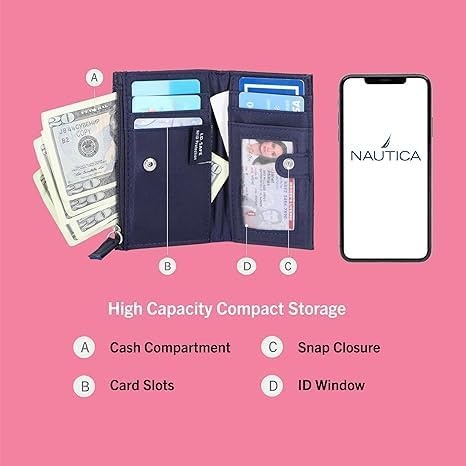 image:imageNautica High Tide Small Wallet for Women RFID Blocking Slim Credit Card Holder with Zipper Coin Pocket Bifold Compact Wallet with ID Window Red PrintedIndigo