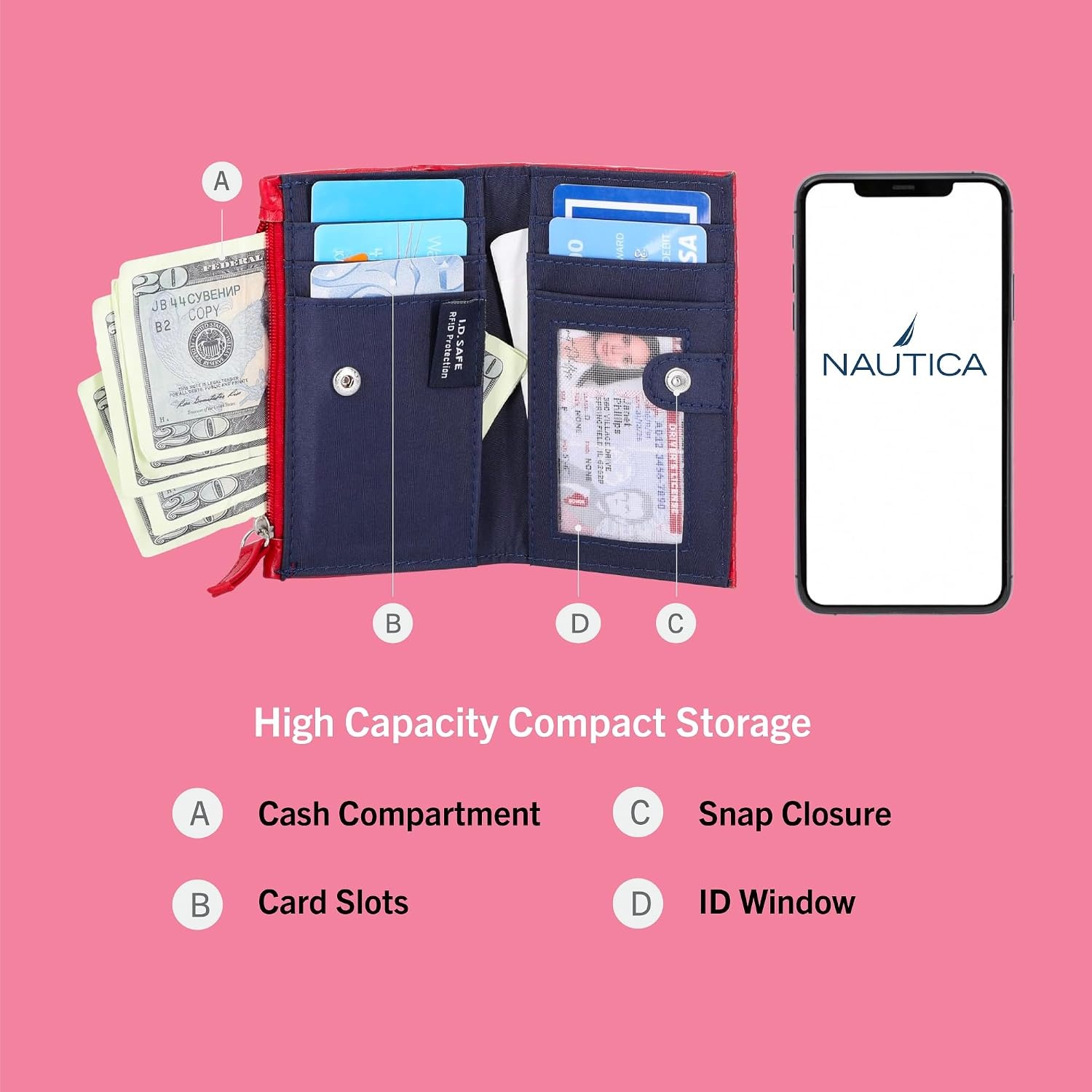 image:imageNautica High Tide Small Wallet for Women RFID Blocking Slim Credit Card Holder with Zipper Coin Pocket Bifold Compact Wallet with ID Window Red PrintedAmericana