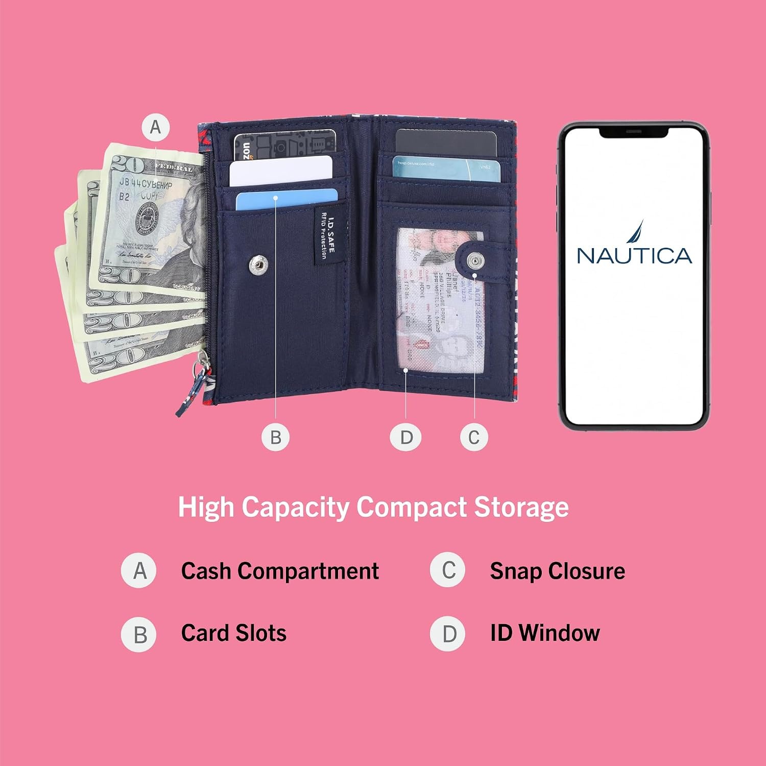 image:imageNautica High Tide Small Wallet for Women RFID Blocking Slim Credit Card Holder with Zipper Coin Pocket Bifold Compact Wallet with ID Window Red PrintedIndigoMarina