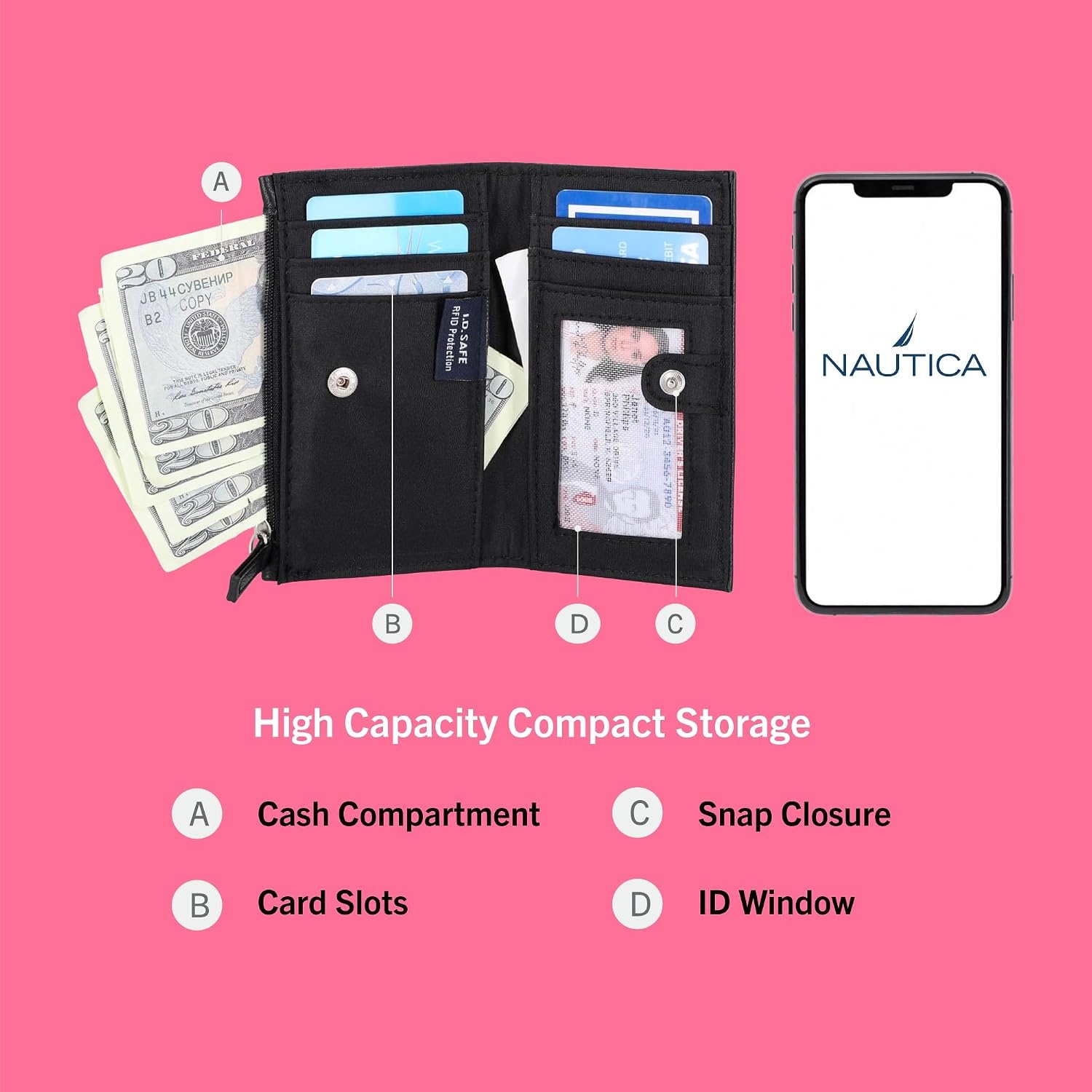 image:imageNautica High Tide Small Wallet for Women RFID Blocking Slim Credit Card Holder with Zipper Coin Pocket Bifold Compact Wallet with ID Window Red PrintedBlack Printed