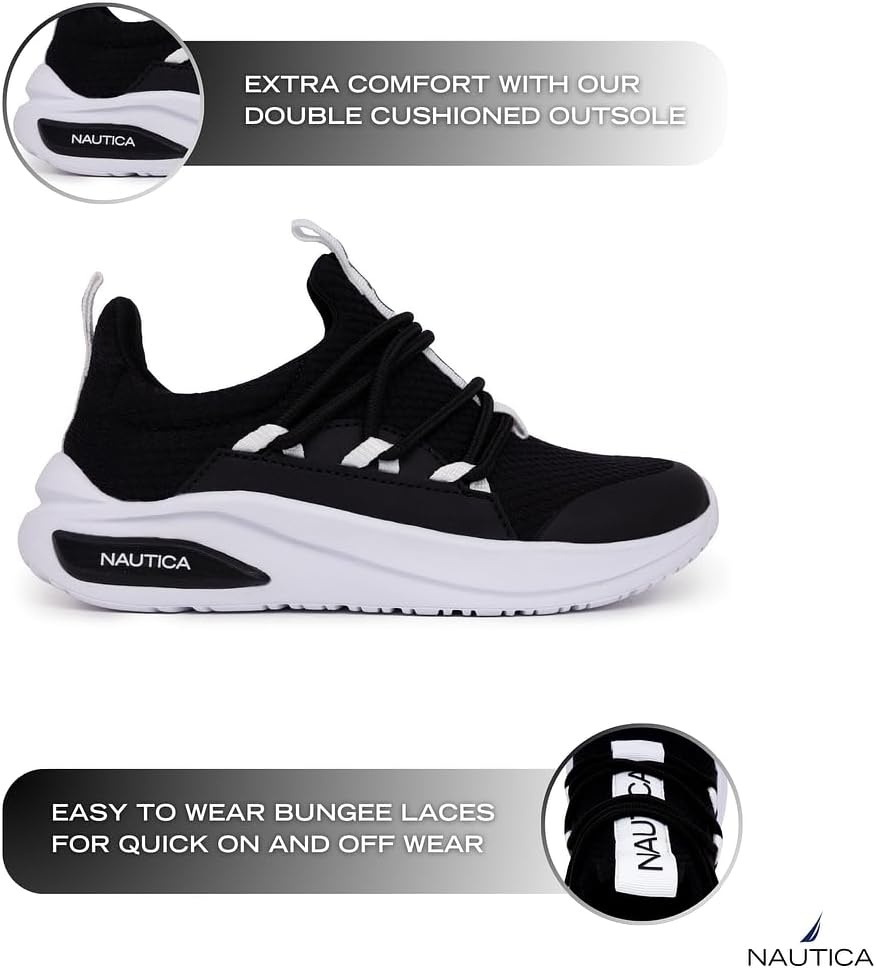 image:imageNautica Kids Athletic SlipOn Sneakers Comfortable Bungee Running Shoes for Boys and Girls Stylish and Supportive Footwear for Active Kids Big KidLittle KidToddlerBlack White