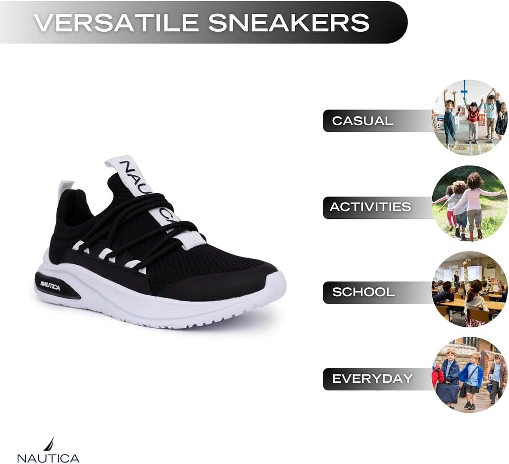 image:imageNautica Kids Athletic SlipOn Sneakers Comfortable Bungee Running Shoes for Boys and Girls Stylish and Supportive Footwear for Active Kids Big KidLittle KidToddlerBlack White