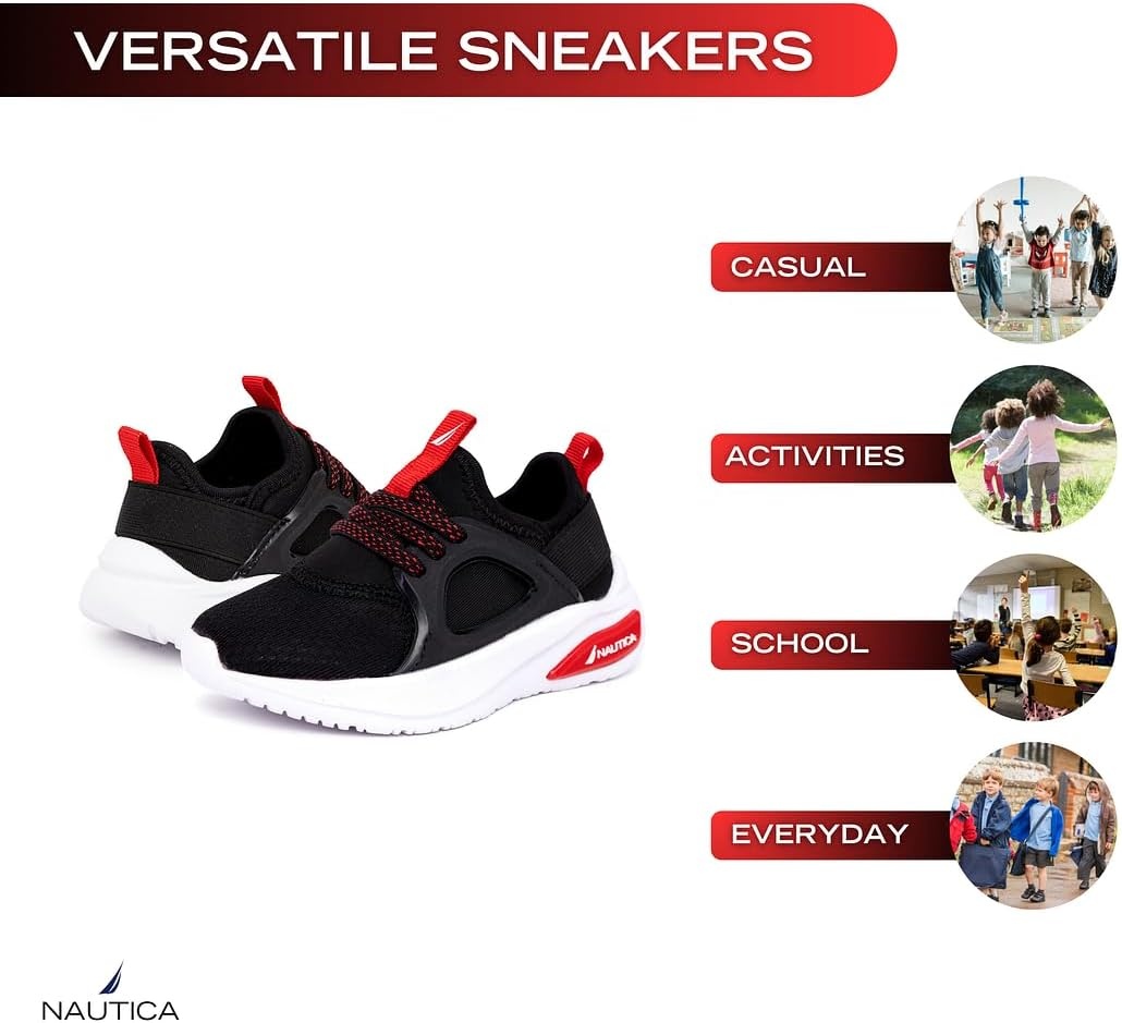 image:imageNautica Kids Athletic SlipOn Sneakers Comfortable Bungee Running Shoes for Boys and Girls Stylish and Supportive Footwear for Active Kids Big KidLittle KidToddlerBlack Redsplash