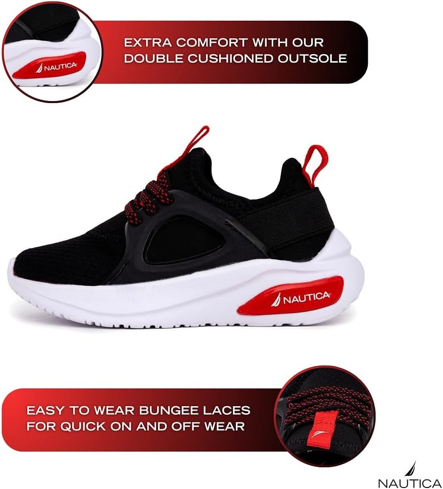image:imageNautica Kids Athletic SlipOn Sneakers Comfortable Bungee Running Shoes for Boys and Girls Stylish and Supportive Footwear for Active Kids Big KidLittle KidToddlerBlack Redsplash