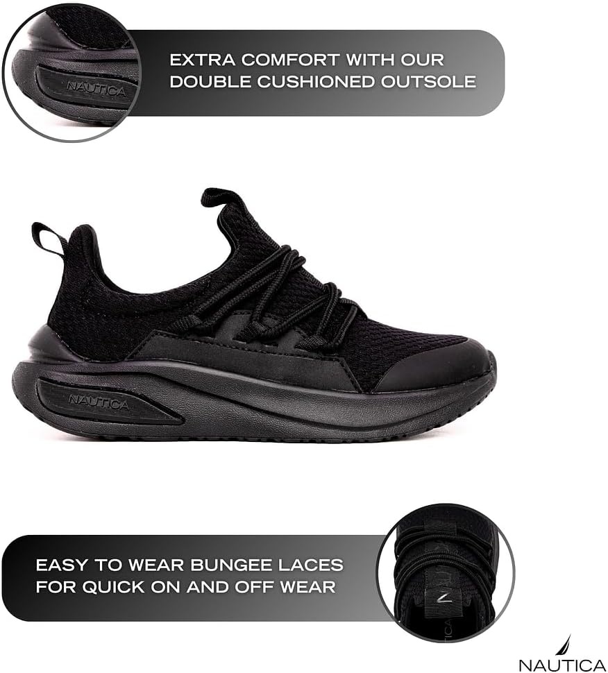 image:imageNautica Kids Athletic SlipOn Sneakers Comfortable Bungee Running Shoes for Boys and Girls Stylish and Supportive Footwear for Active Kids Big KidLittle KidToddlerBlack Mono
