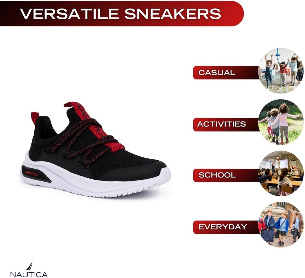 image:imageNautica Kids Athletic SlipOn Sneakers Comfortable Bungee Running Shoes for Boys and Girls Stylish and Supportive Footwear for Active Kids Big KidLittle KidToddlerBlackRed