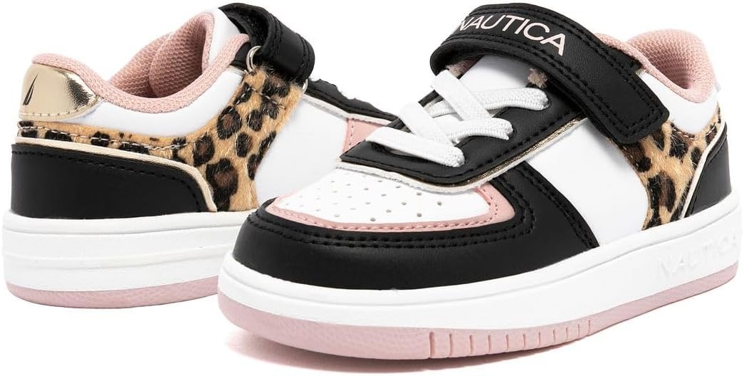 image:imageNautica Kids Girls Sneakers with Adjustable Strap and Bungee Straps Comfortable Casual Shoes ToddlerLittle KidBlack Pink Leopard