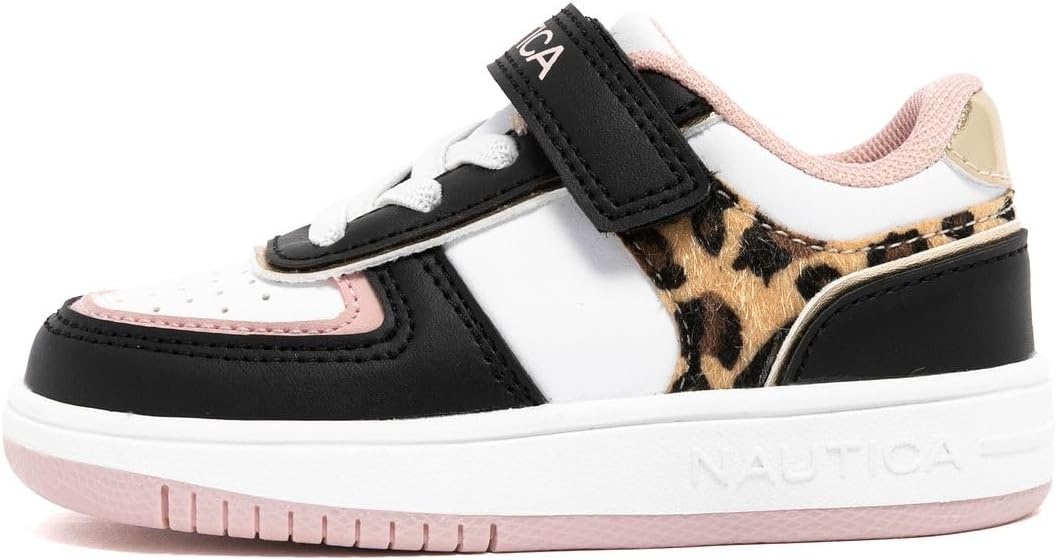 image:imageNautica Kids Girls Sneakers with Adjustable Strap and Bungee Straps Comfortable Casual Shoes ToddlerLittle KidBlack Pink Leopard