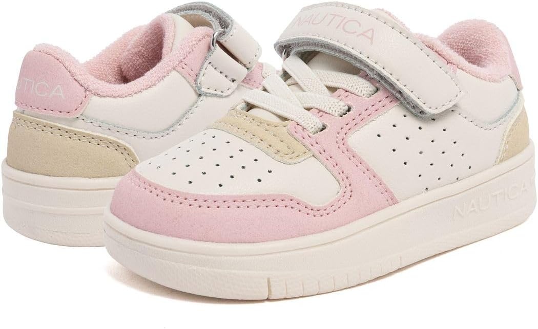 image:imageNautica Kids Girls Sneakers with Adjustable Strap and Bungee Straps Comfortable Casual Shoes ToddlerLittle KidBone Tan Pink